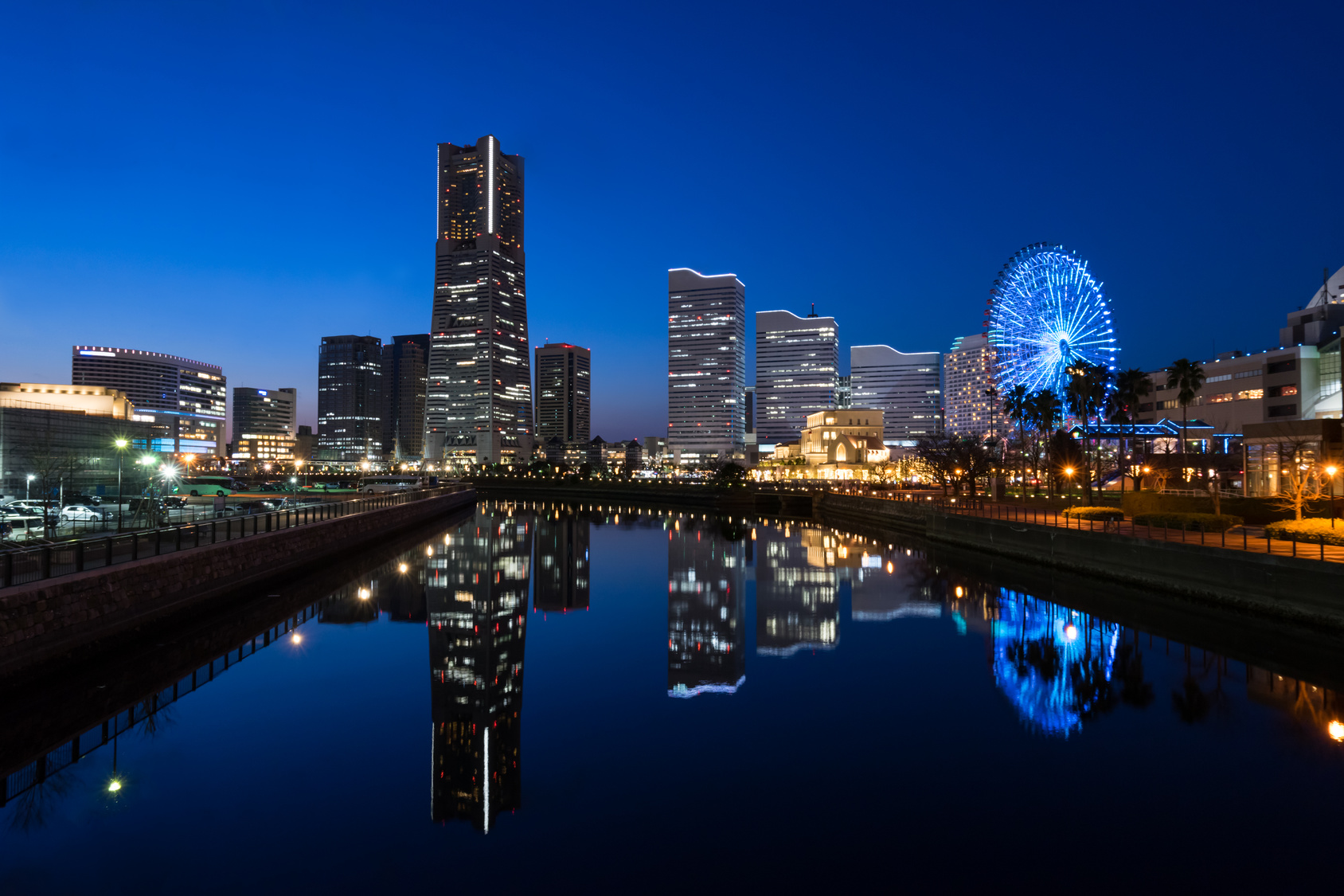 Cityscape of Minato Mirai area of Yokohama City at dusk () in Kanagawa, Japan.